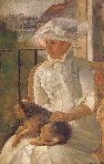 Susan hoding the dog in balcony Mary Cassatt